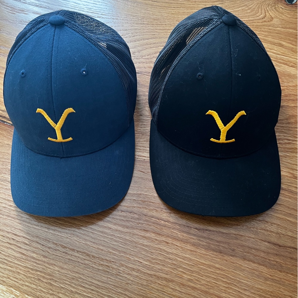 Yellowstone Hats Trucker Black and Blue Set with Yellow Stitching, one size